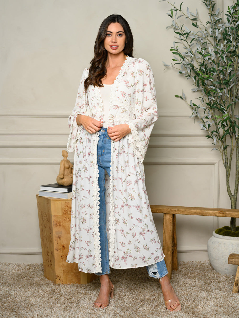 WOMEN'S LONG BELL SLEEVE FLORAL ROBE KIMONO