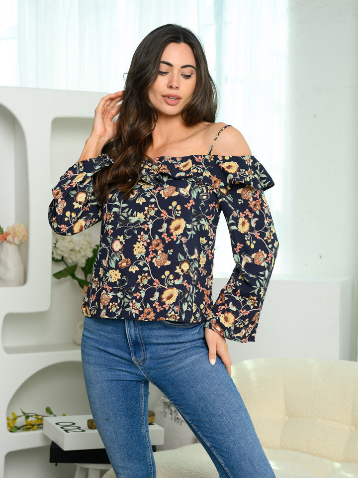WOMEN'S COLD SHOULDER LONG BELL SLEEVE FLORAL TOP
