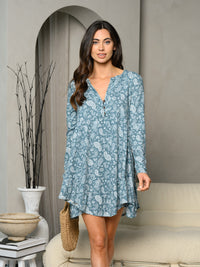 WOMEN'S LONG SLEEVE V-NECK TUNIC PAISLEY PRINT MINI DRESS