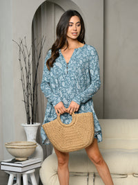 WOMEN'S LONG SLEEVE V-NECK TUNIC PAISLEY PRINT MINI DRESS