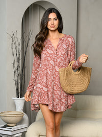 WOMEN'S LONG SLEEVE V-NECK TUNIC PAISLEY PRINT MINI DRESS