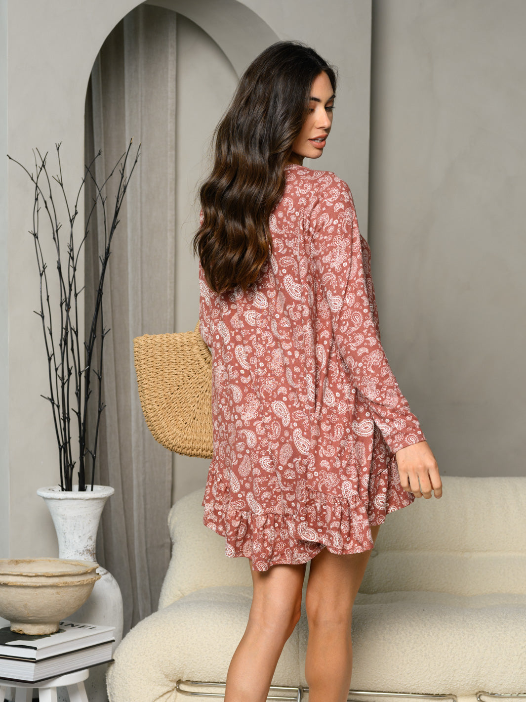 WOMEN'S LONG SLEEVE V-NECK TUNIC PAISLEY PRINT MINI DRESS