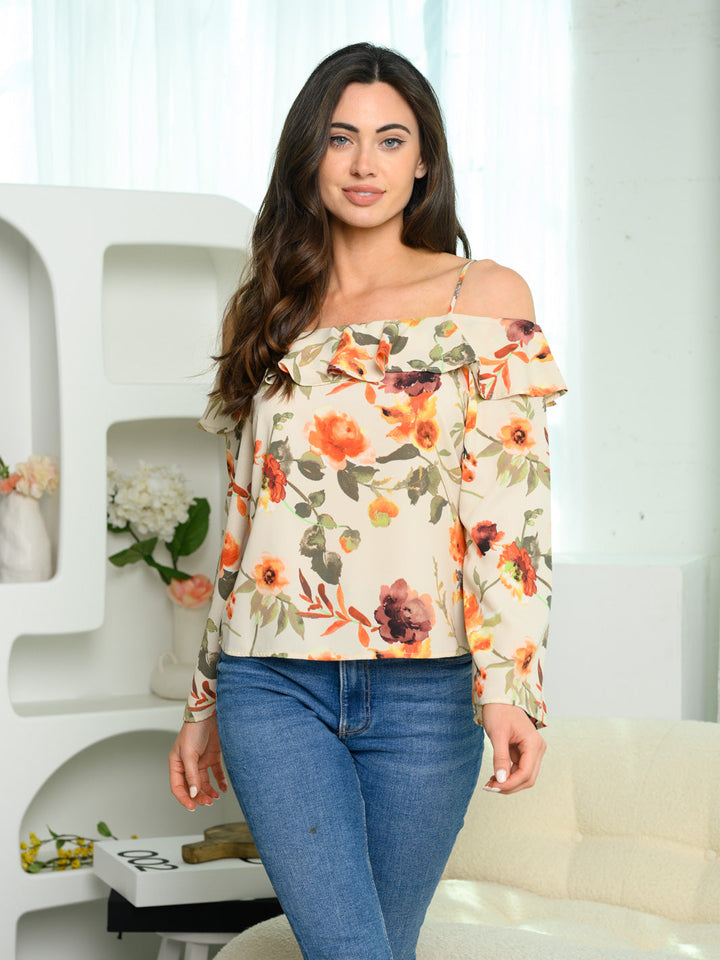 WOMEN'S COLD SHOULDER LONG BELL SLEEVE FLORAL TOP