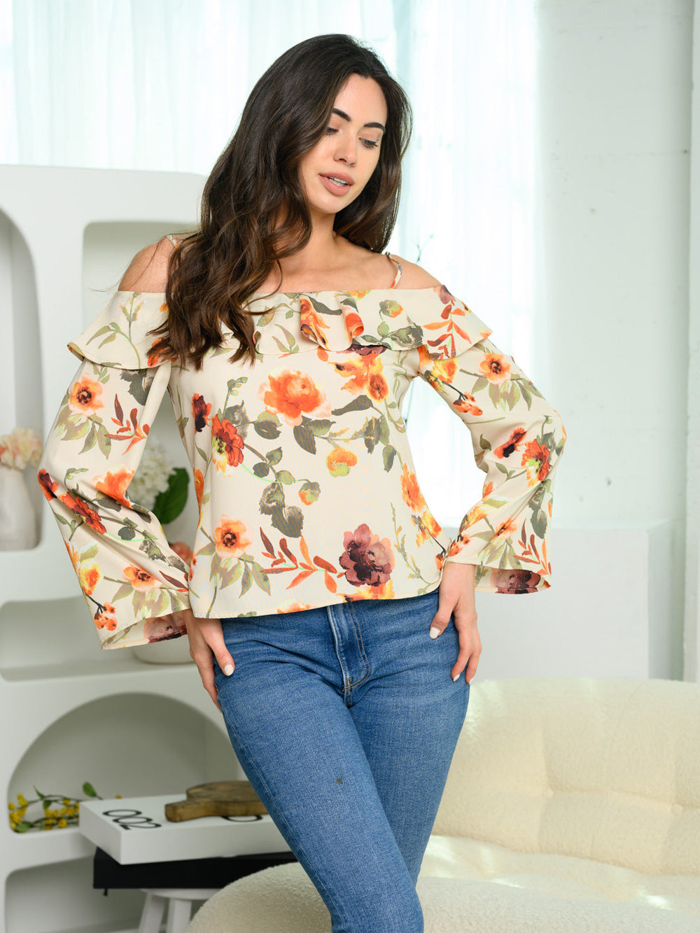 WOMEN'S COLD SHOULDER LONG BELL SLEEVE FLORAL TOP