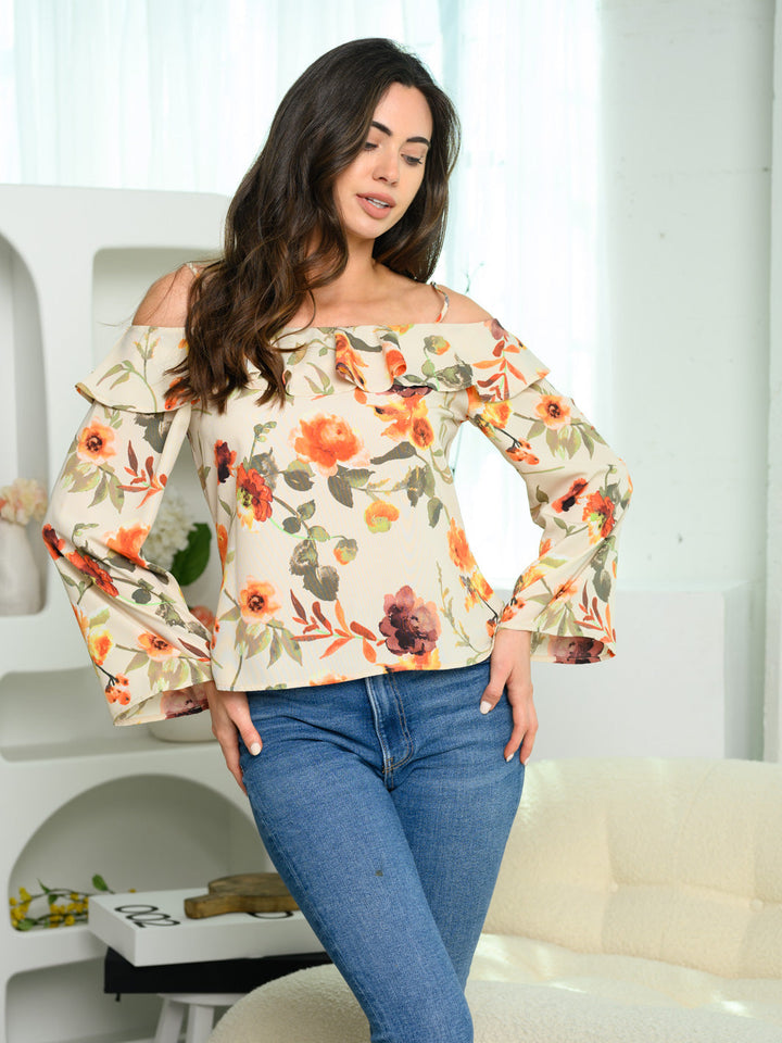WOMEN'S COLD SHOULDER LONG BELL SLEEVE FLORAL TOP