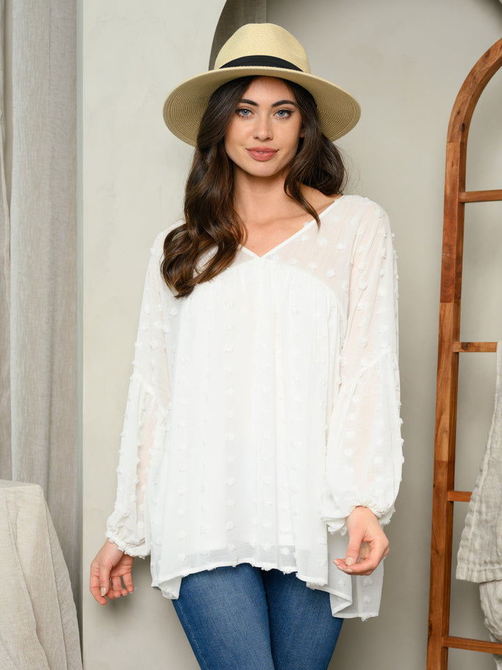 WOMEN'S LONG SLEEVE TRIMMED SWISS DOT TOP