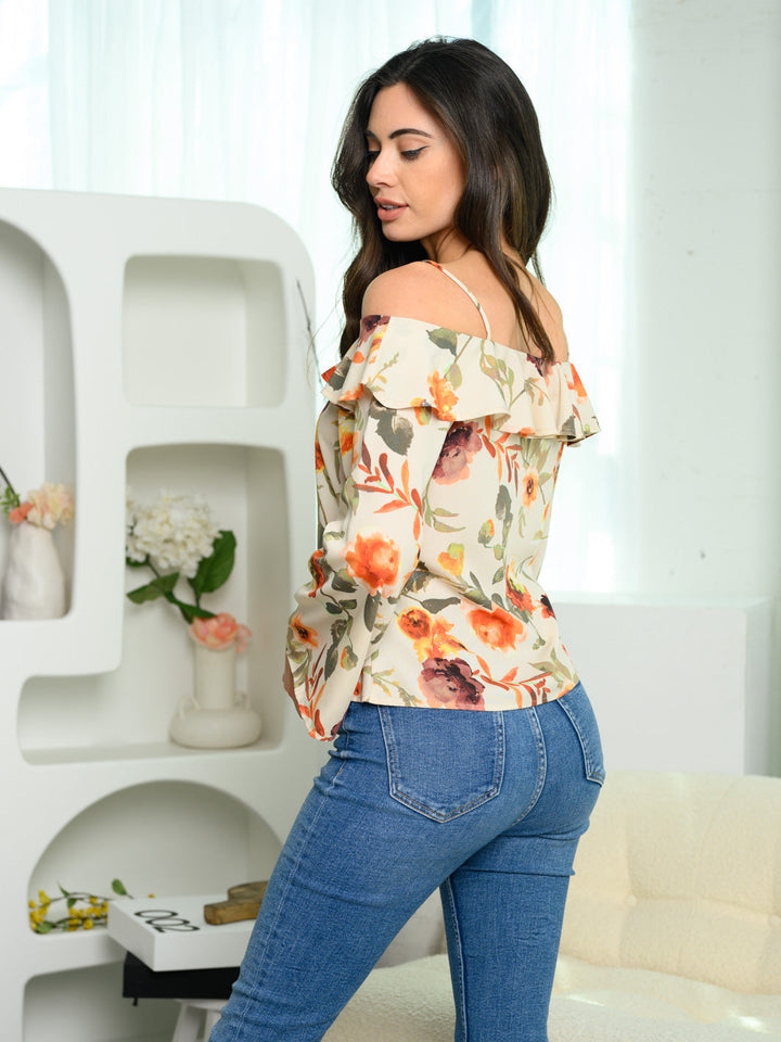 WOMEN'S COLD SHOULDER LONG BELL SLEEVE FLORAL TOP