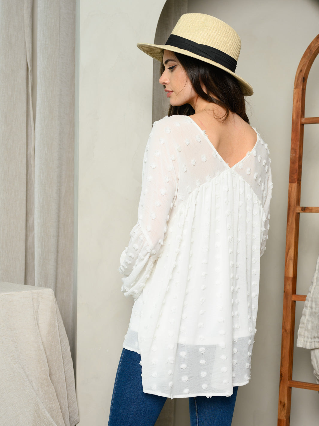 WOMEN'S LONG SLEEVE TRIMMED SWISS DOT TOP