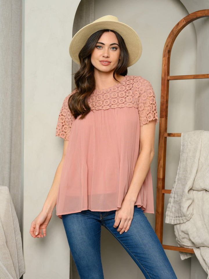 WOMEN'S SHORT SLEEVE PLEATING LACE TOP