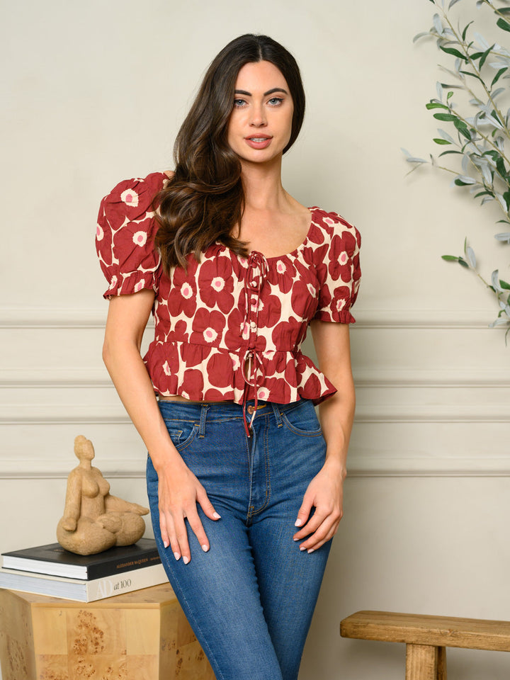 WOMEN'S SHORT PUFF SLEEVE FLORAL TOP