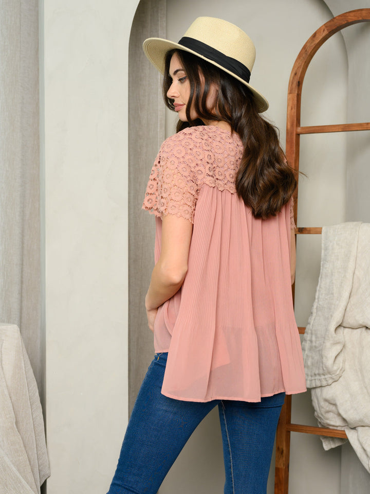 WOMEN'S SHORT SLEEVE PLEATING LACE TOP