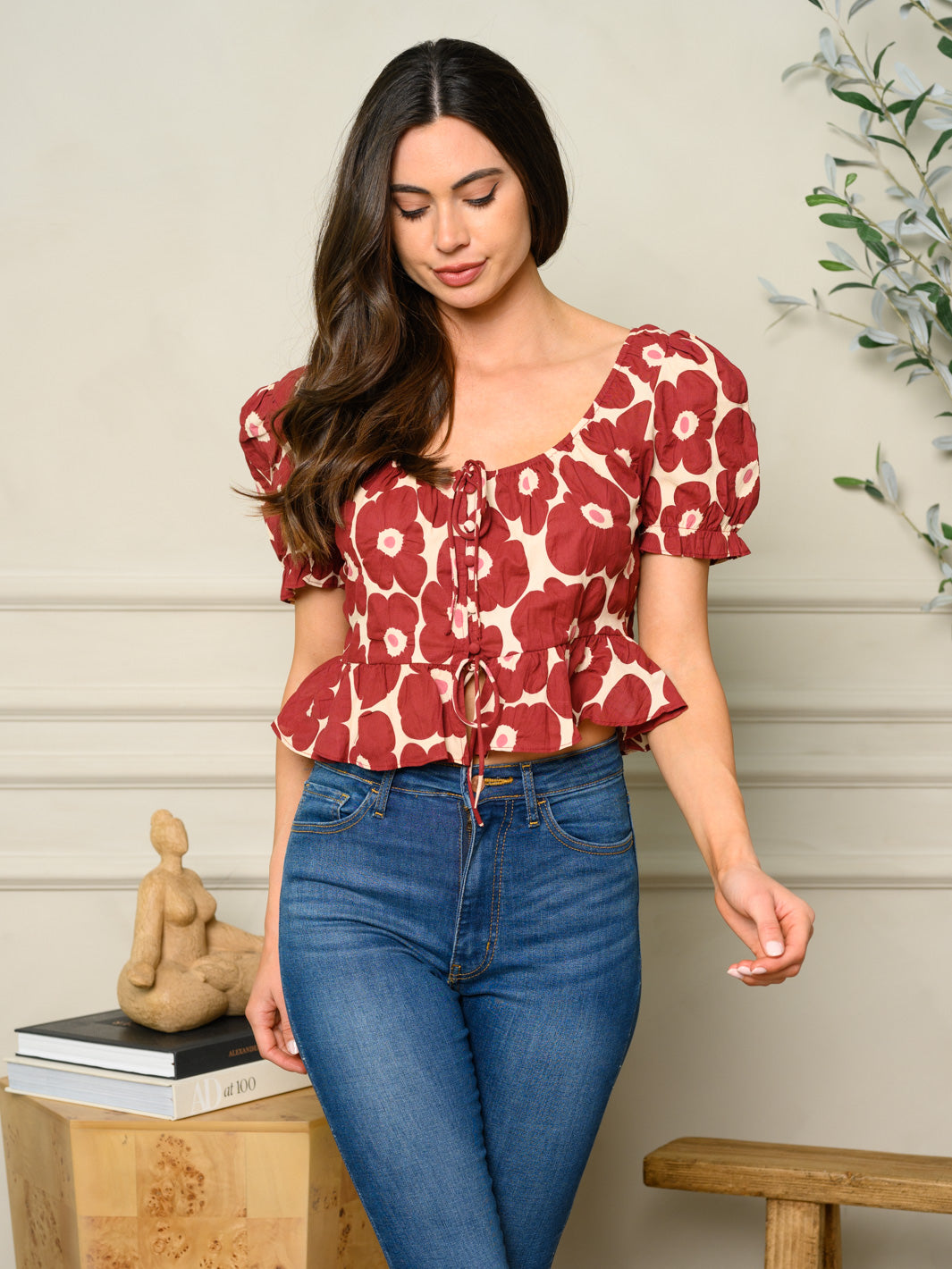 WOMEN'S SHORT PUFF SLEEVE FLORAL TOP