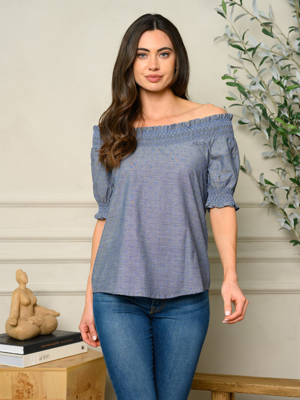 WOMEN'S OFF SHOULDER SWISS DOT DETAILED TOP