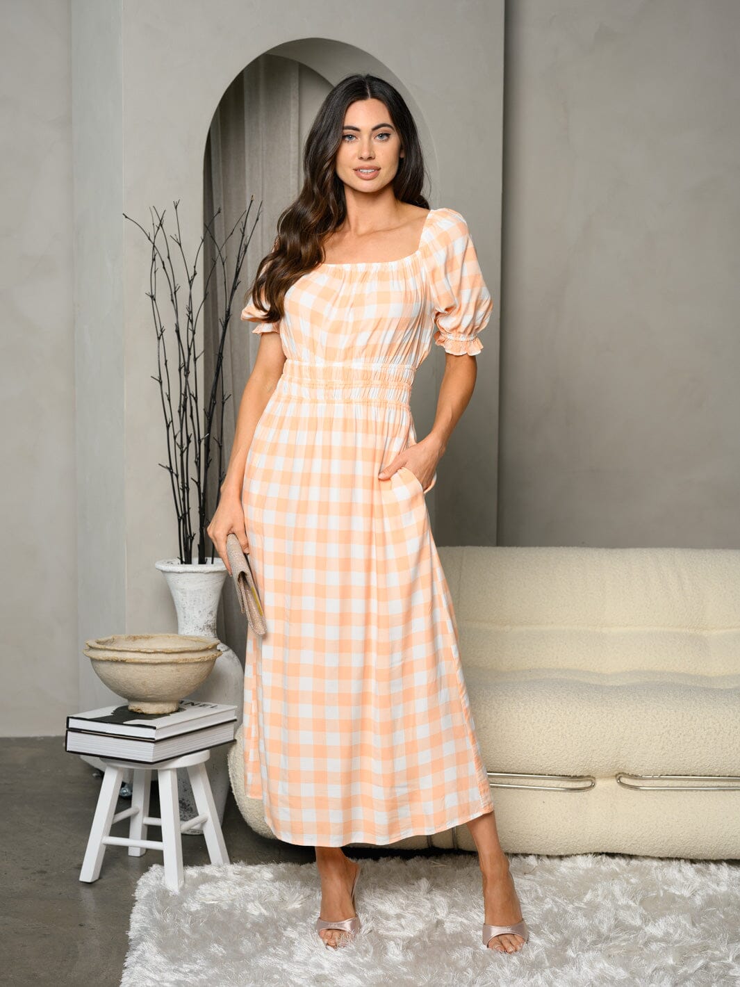 WOMEN'S SHORT PUFF SLEEVE SMOCK WAIST PLAID MAXI DRESS