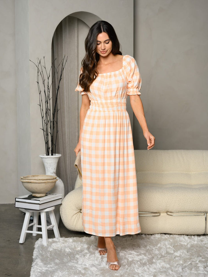 WOMEN'S SHORT PUFF SLEEVE SMOCK WAIST PLAID MAXI DRESS