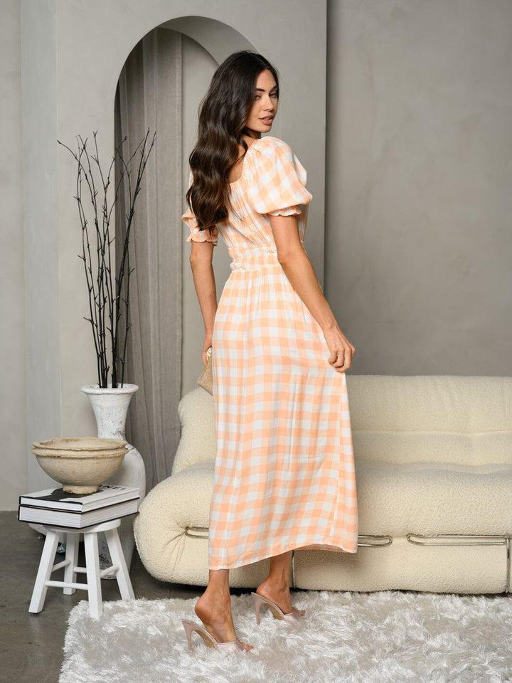 WOMEN'S SHORT PUFF SLEEVE SMOCK WAIST PLAID MAXI DRESS