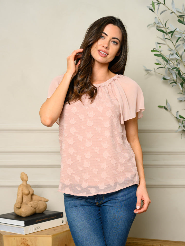 WOMEN'S SHORT SLEEVE FLORAL DETAILED TOP