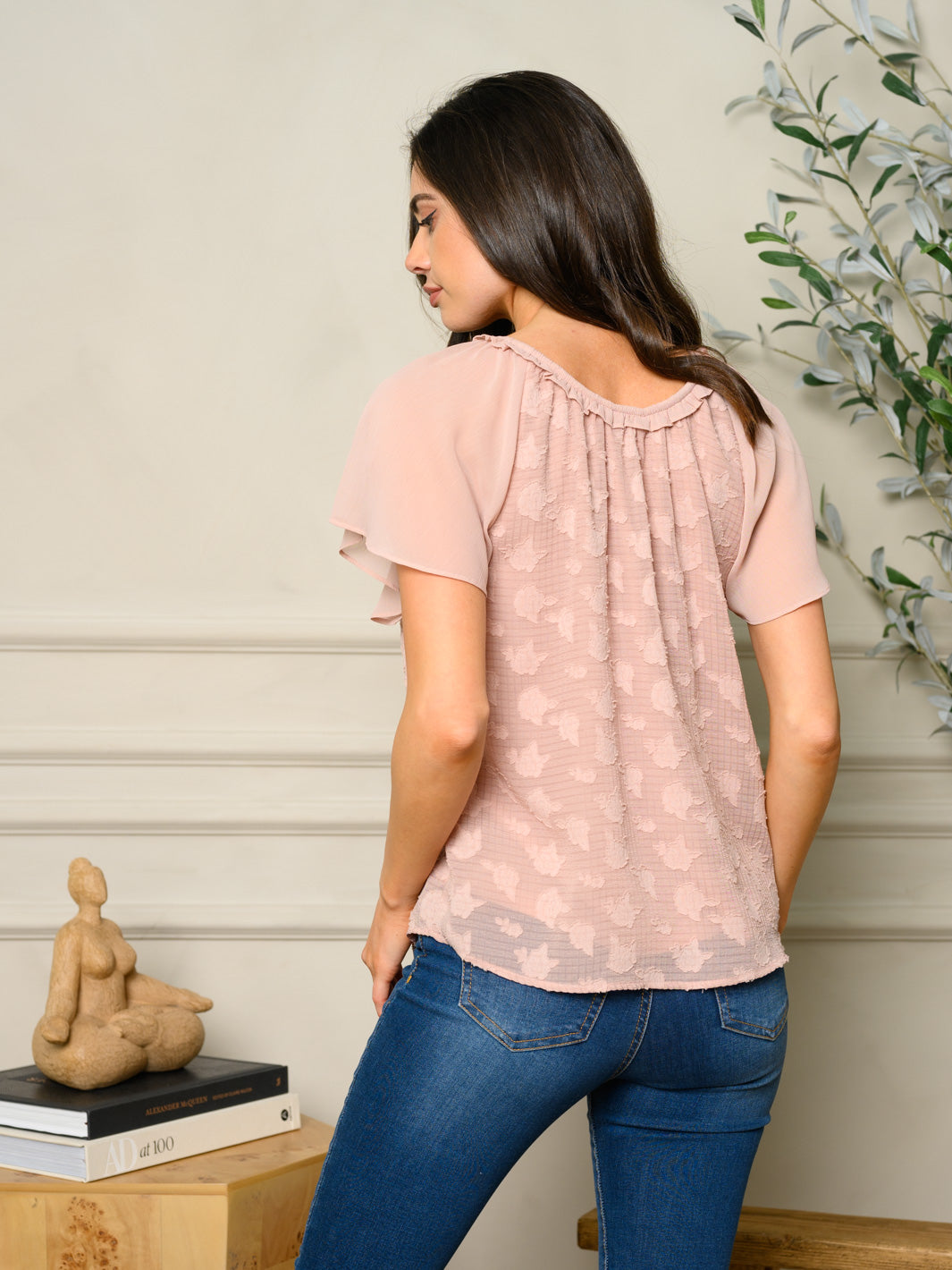 WOMEN'S SHORT SLEEVE FLORAL DETAILED TOP