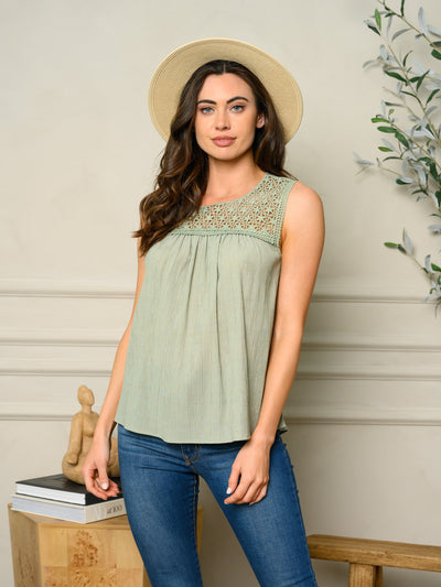 WOMEN'S SLEEVELESS ROUND NECK LACE DETAIL TOP