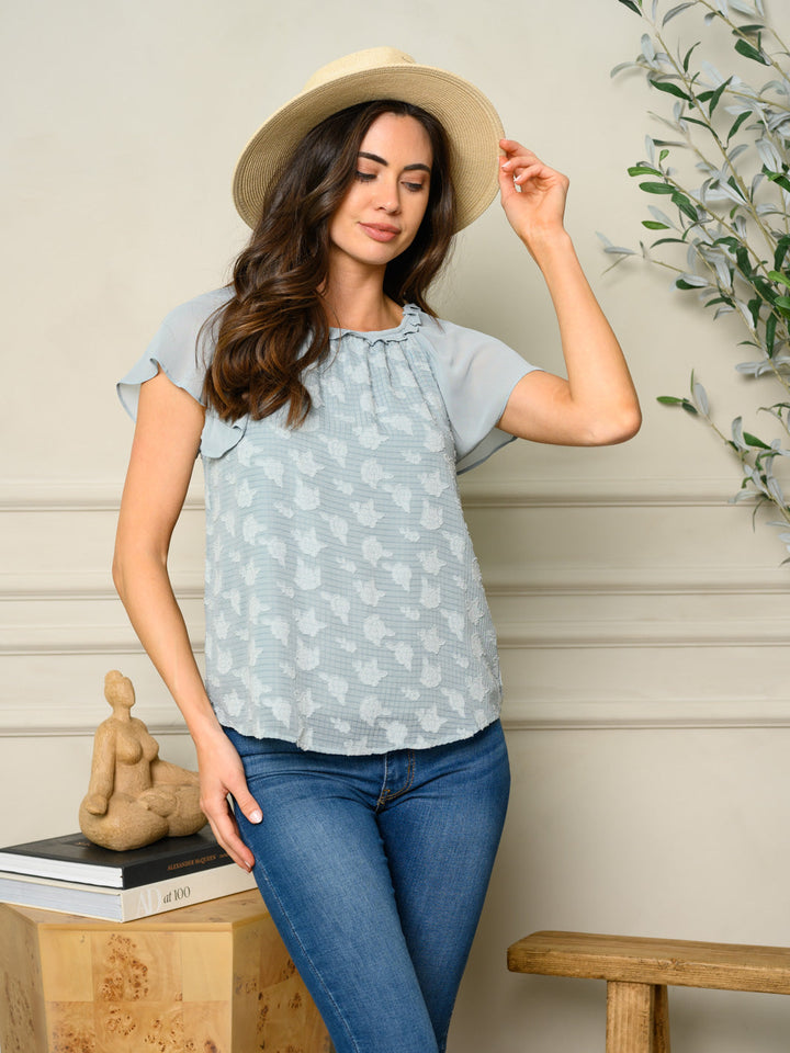 WOMEN'S SHORT SLEEVE FLORAL DETAILED TOP