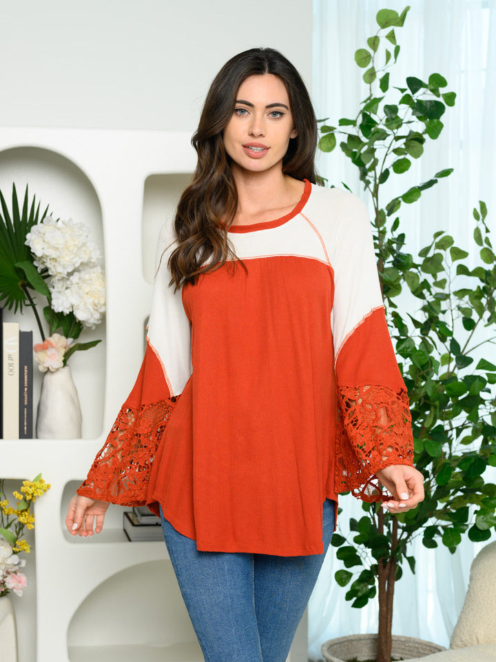 WOMEN'S LONG BELL LACE SLEEVES COLORBLOCK TOP