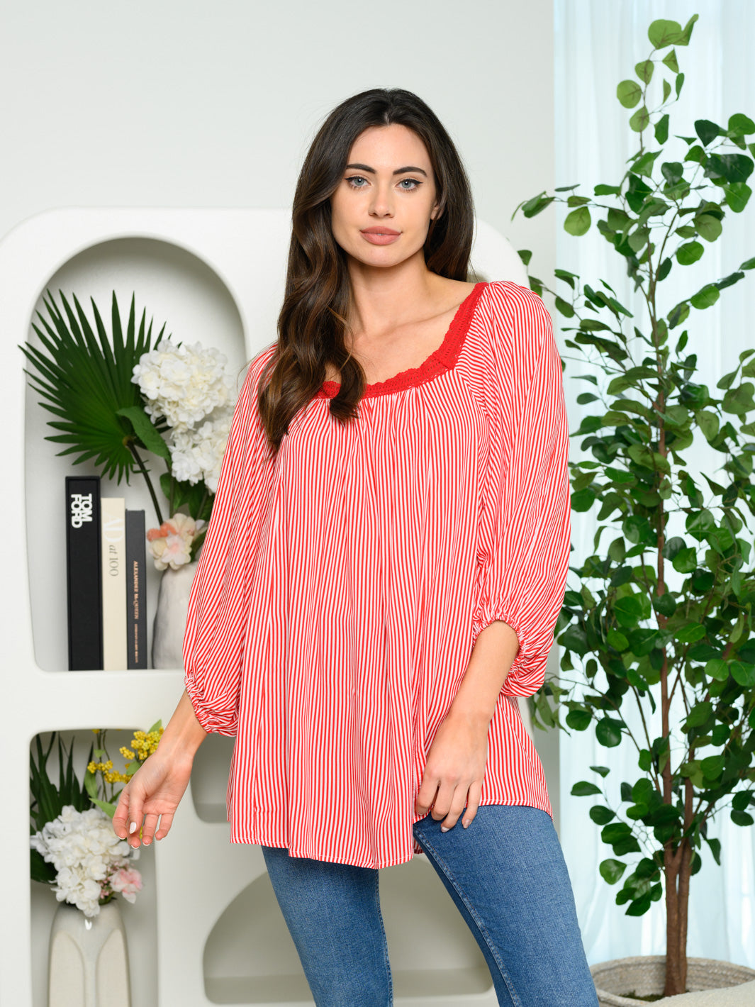 WOMEN'S 3/4SLEEVE STRIPES TUNIC TOP