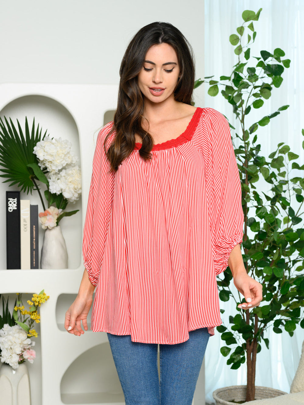 WOMEN'S 3/4SLEEVE STRIPES TUNIC TOP