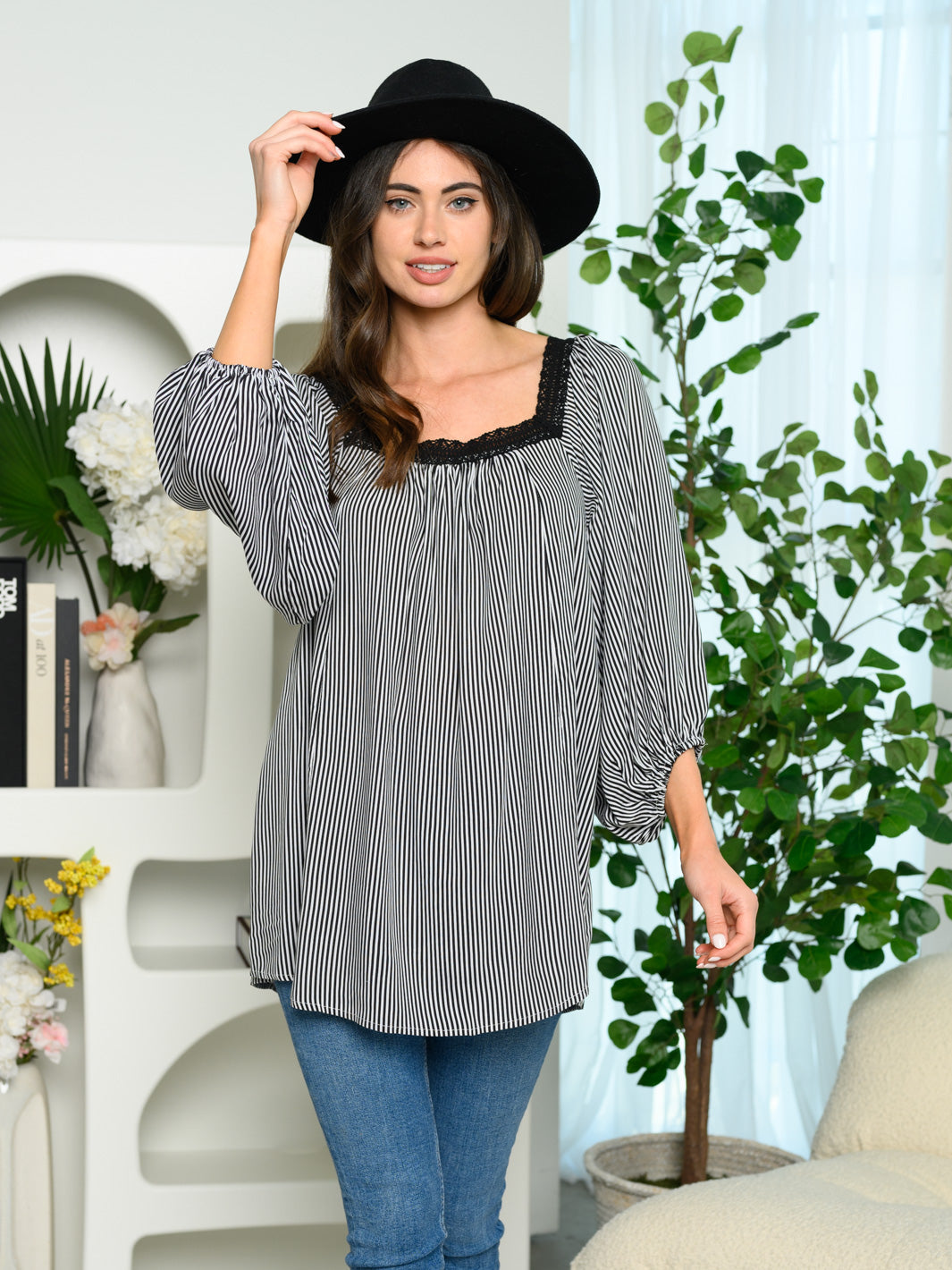 WOMEN'S 3/4SLEEVE STRIPES TUNIC TOP
