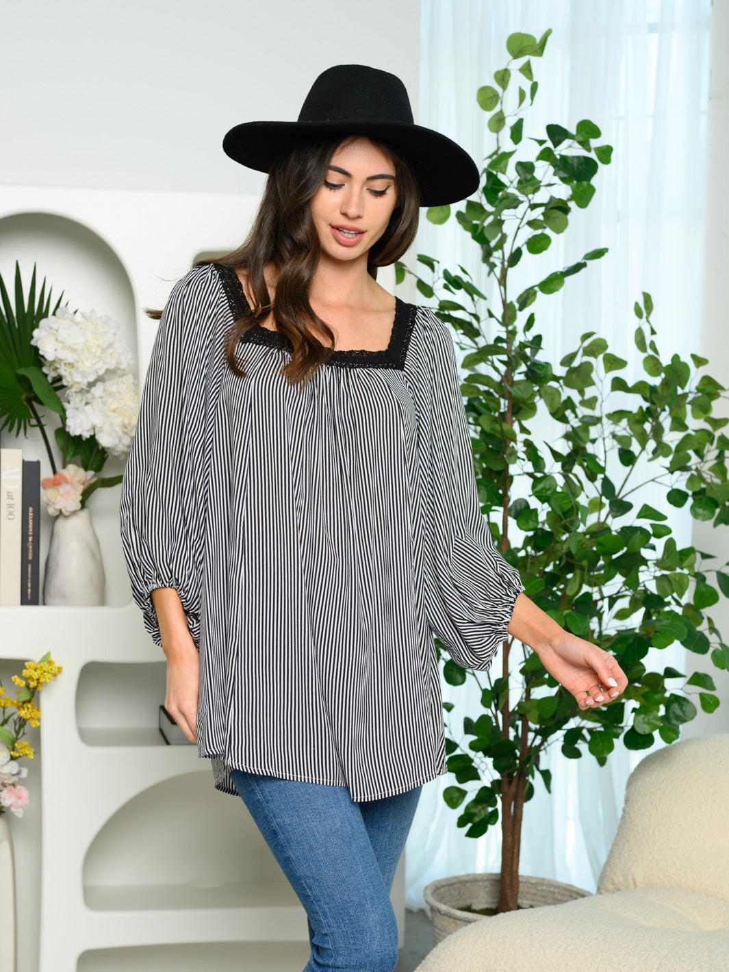 WOMEN'S 3/4SLEEVE STRIPES TUNIC TOP