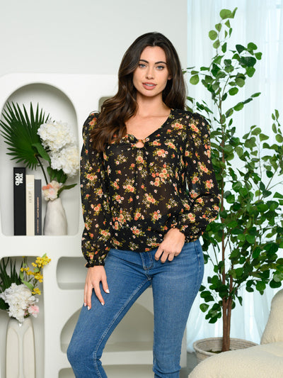 WOMEN'S FRONT KEYHOLE LONG SLEEVE FLORAL TOP
