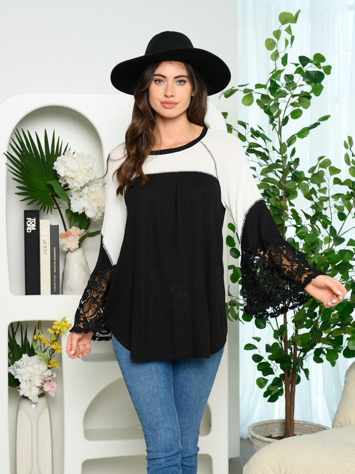 WOMEN'S LONG BELL LACE SLEEVES COLORBLOCK TOP