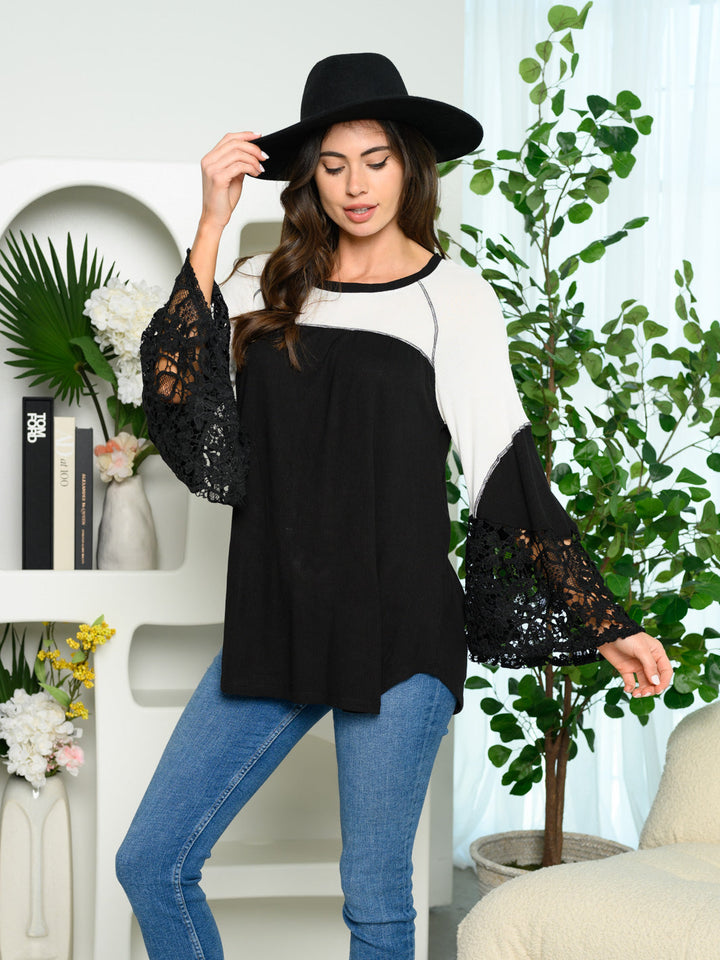 WOMEN'S LONG BELL LACE SLEEVES COLORBLOCK TOP
