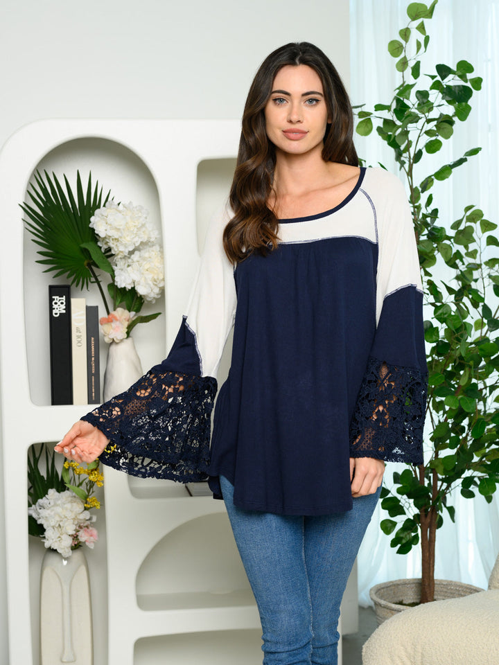 WOMEN'S LONG BELL LACE SLEEVES COLORBLOCK TOP