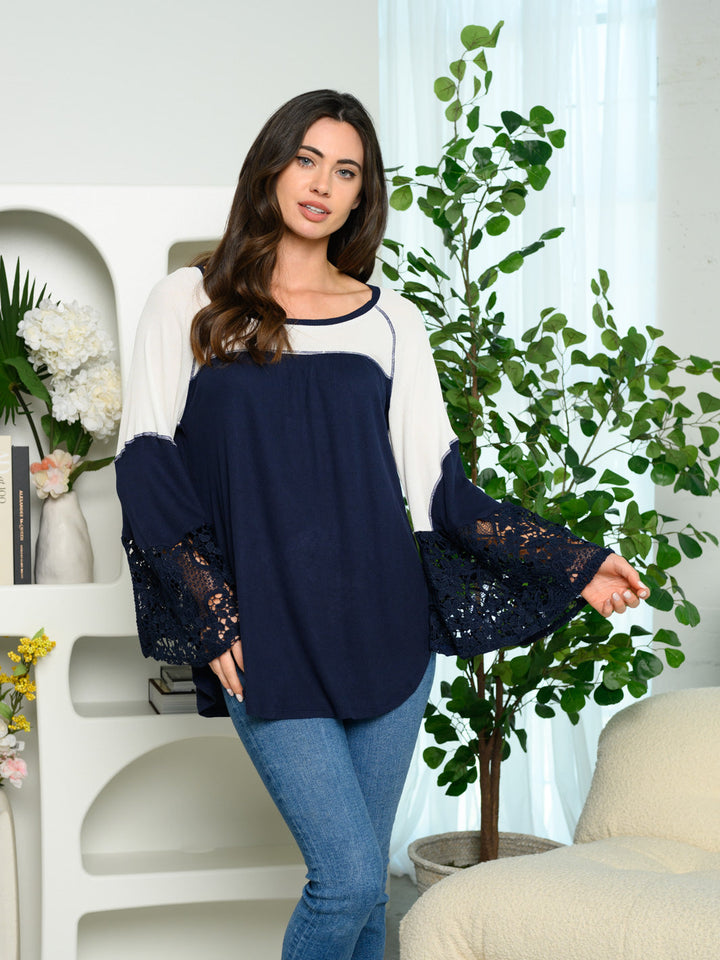 WOMEN'S LONG BELL LACE SLEEVES COLORBLOCK TOP