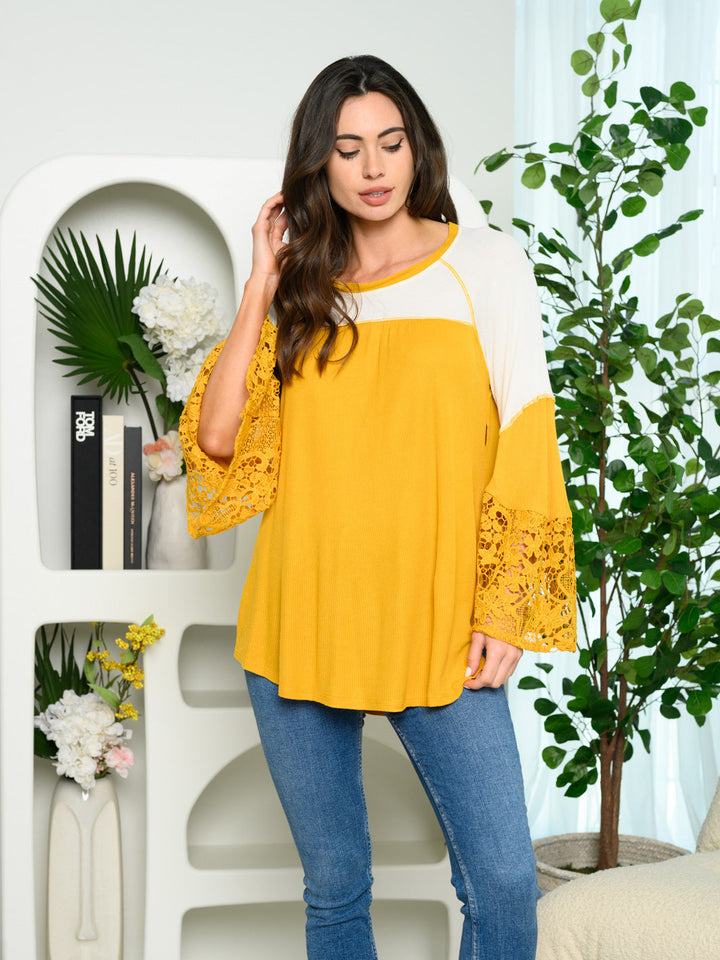 WOMEN'S LONG BELL LACE SLEEVES COLORBLOCK TOP