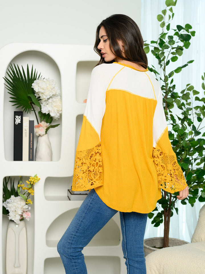 WOMEN'S LONG BELL LACE SLEEVES COLORBLOCK TOP