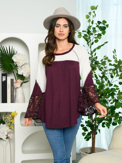 WOMEN'S LONG BELL LACE SLEEVES COLORBLOCK TOP