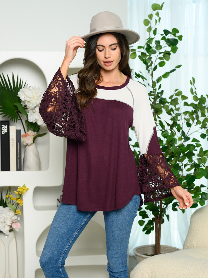 WOMEN'S LONG BELL LACE SLEEVES COLORBLOCK TOP