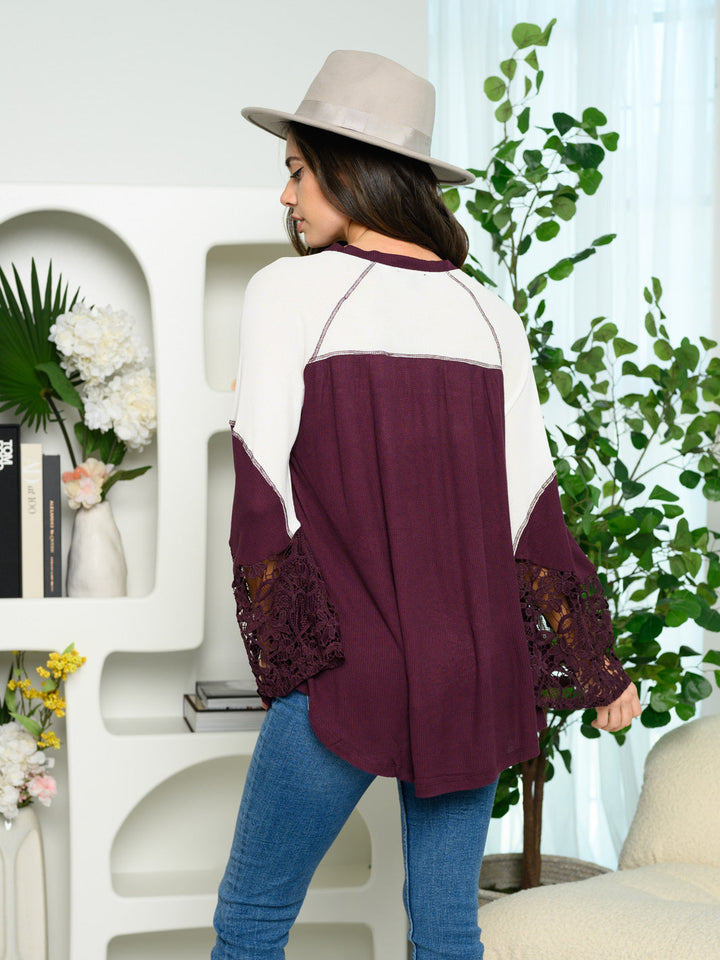 WOMEN'S LONG BELL LACE SLEEVES COLORBLOCK TOP