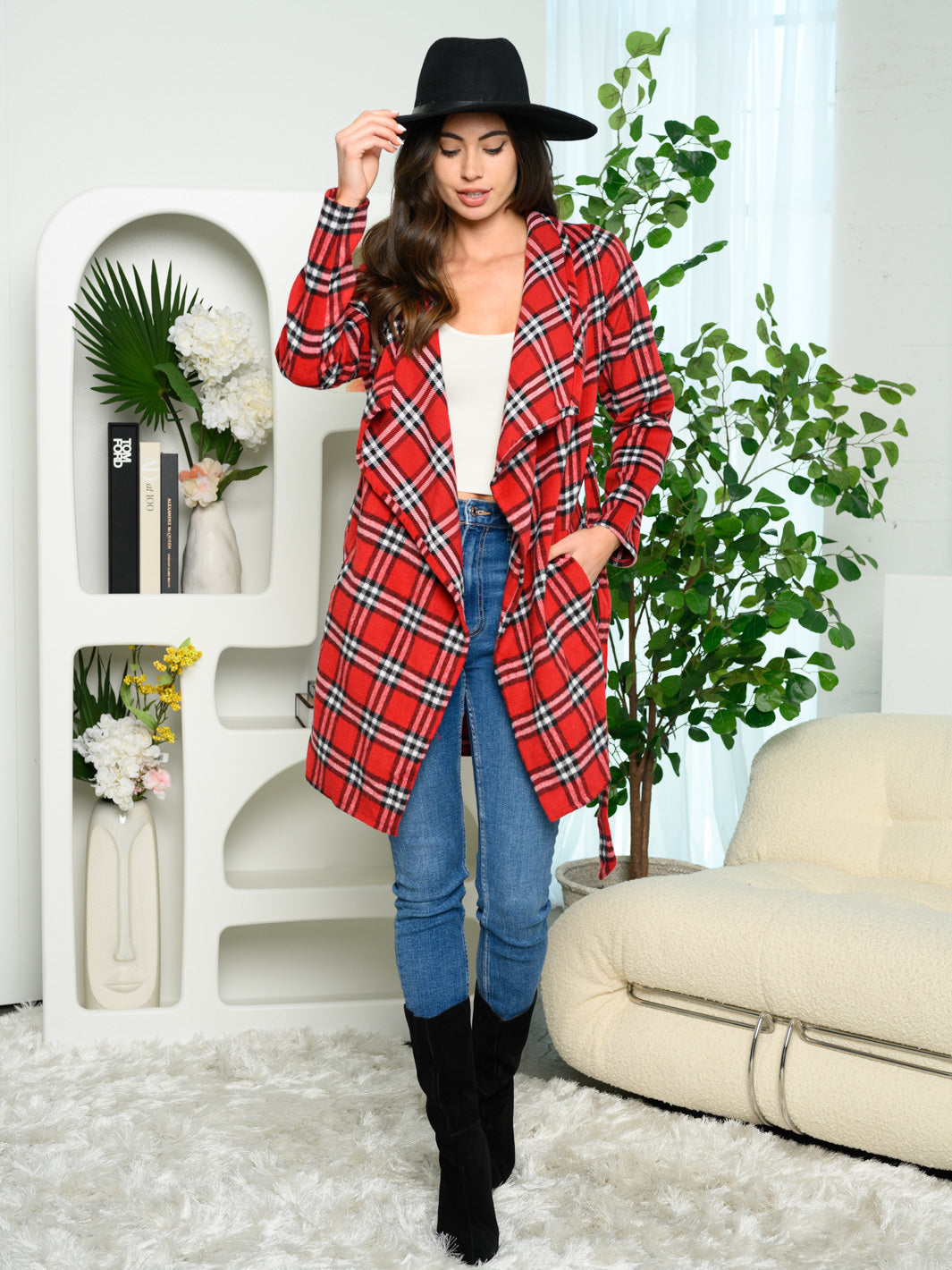 WOMENS LONG SLEEVE POCKETS PLAID SELF TIE CARDIGAN