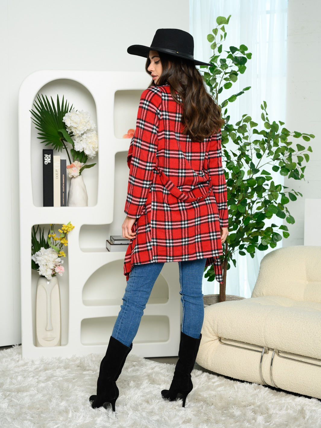 WOMENS LONG SLEEVE POCKETS PLAID SELF TIE CARDIGAN