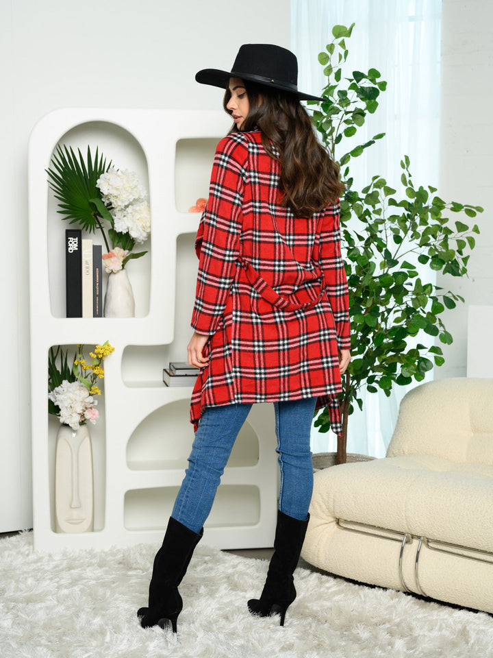 WOMENS LONG SLEEVE POCKETS PLAID SELF TIE CARDIGAN