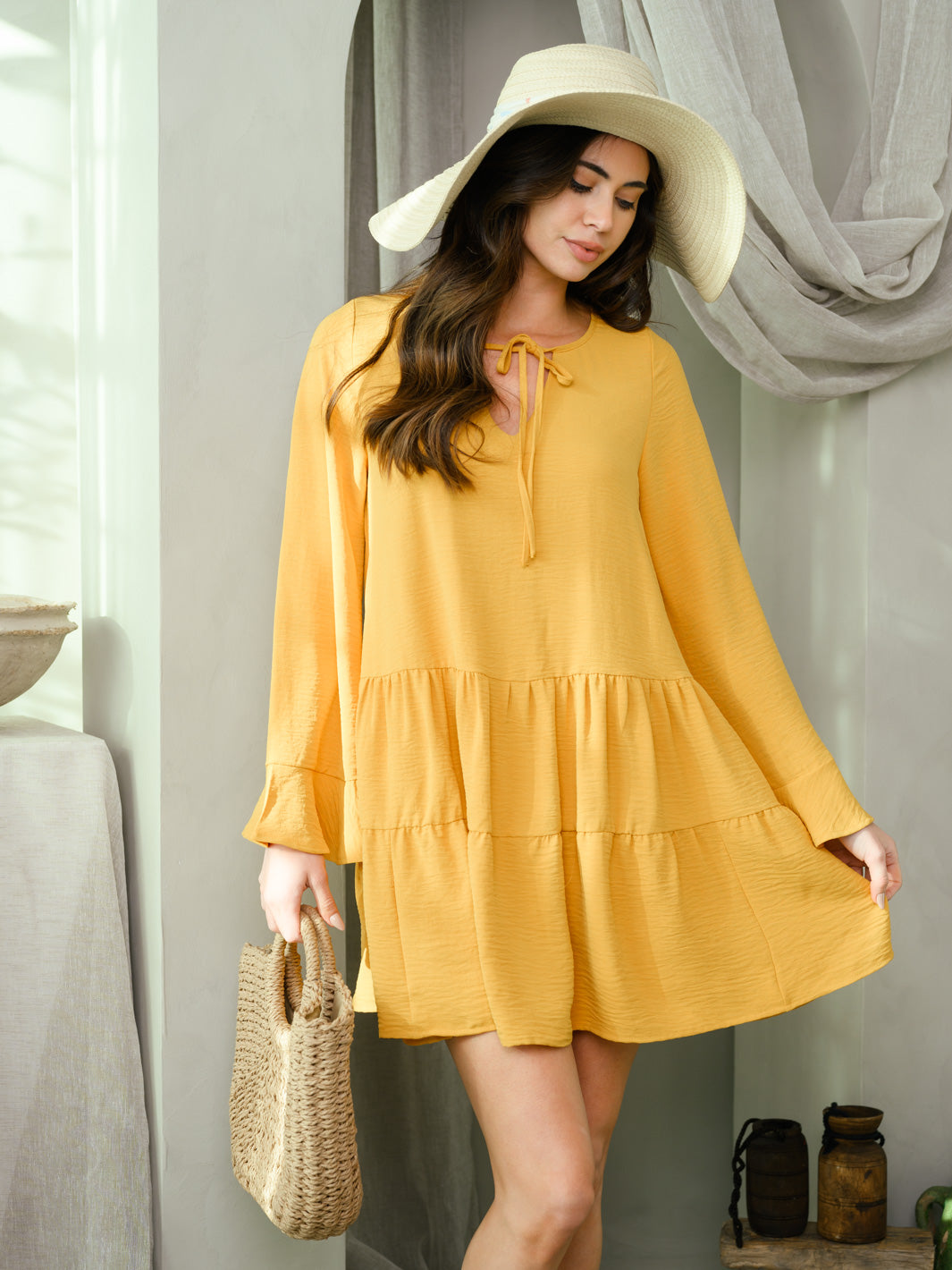 WOMEN'S LONG SLEEVE TIERED MINI DRESS