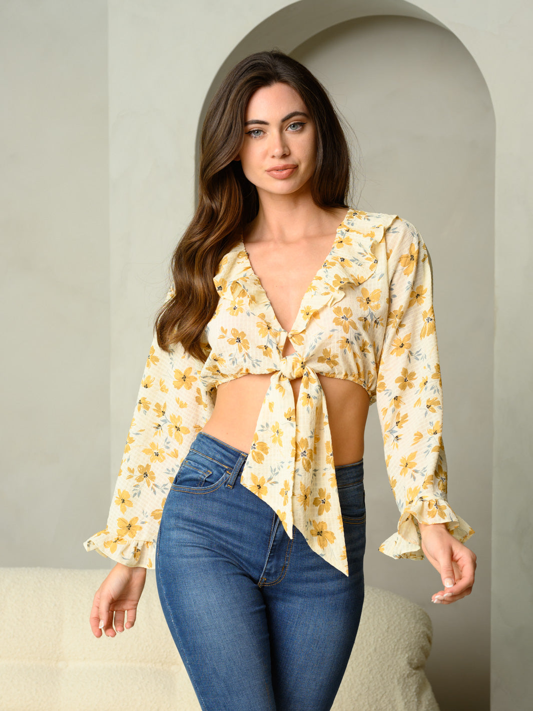 WOMEN'S LONG SLEEVE FLORAL RUFFLE SELF TIE CROP TOP