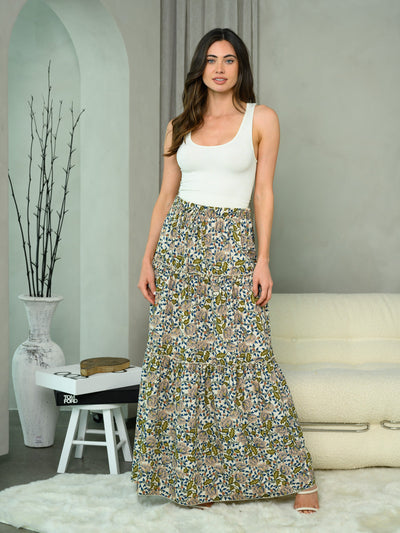 WOMEN'S TIERED FLORAL PRINT MAXI SKIRT