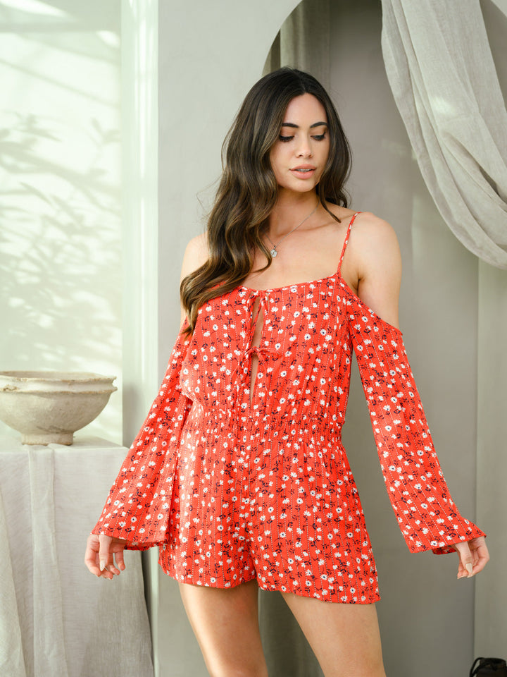 WOMEN'S SPAGHETTI STRAP COLD SHOULDER FLORAL ROMPER