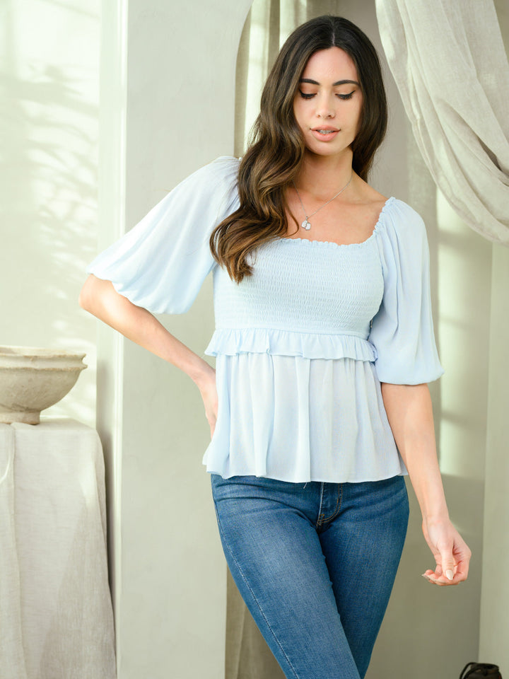 WOMEN'S 3/4 SLEEVES SMOCKED PEPLUM TOP