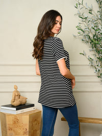 WOMEN'S PIN STRIPE SHORT SLEEVE ELASTIC RUFFLE LACE TOP