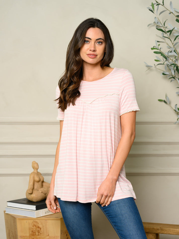 WOMEN'S PIN STRIPE SHORT SLEEVE ELASTIC RUFFLE LACE TOP