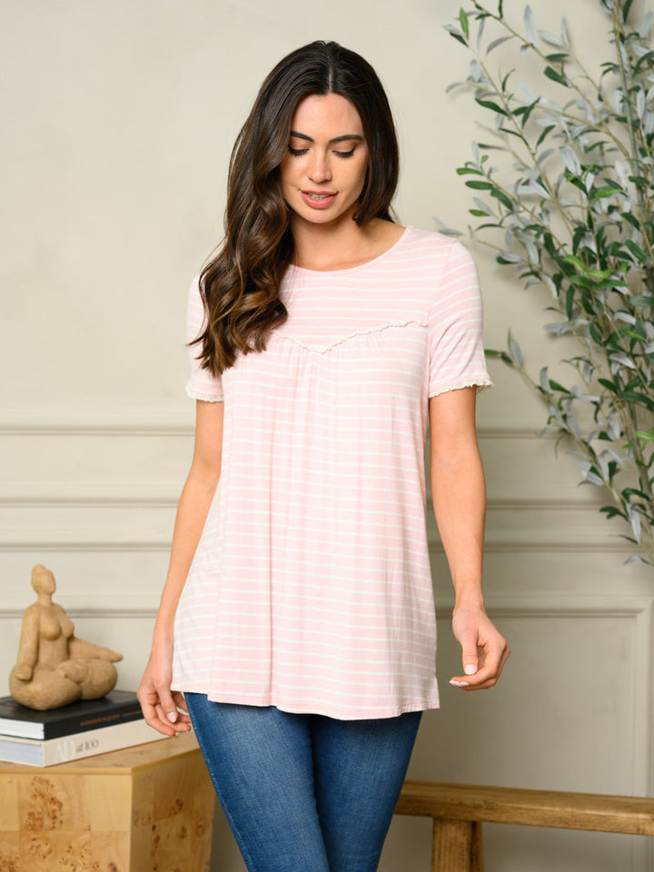 WOMEN'S PIN STRIPE SHORT SLEEVE ELASTIC RUFFLE LACE TOP